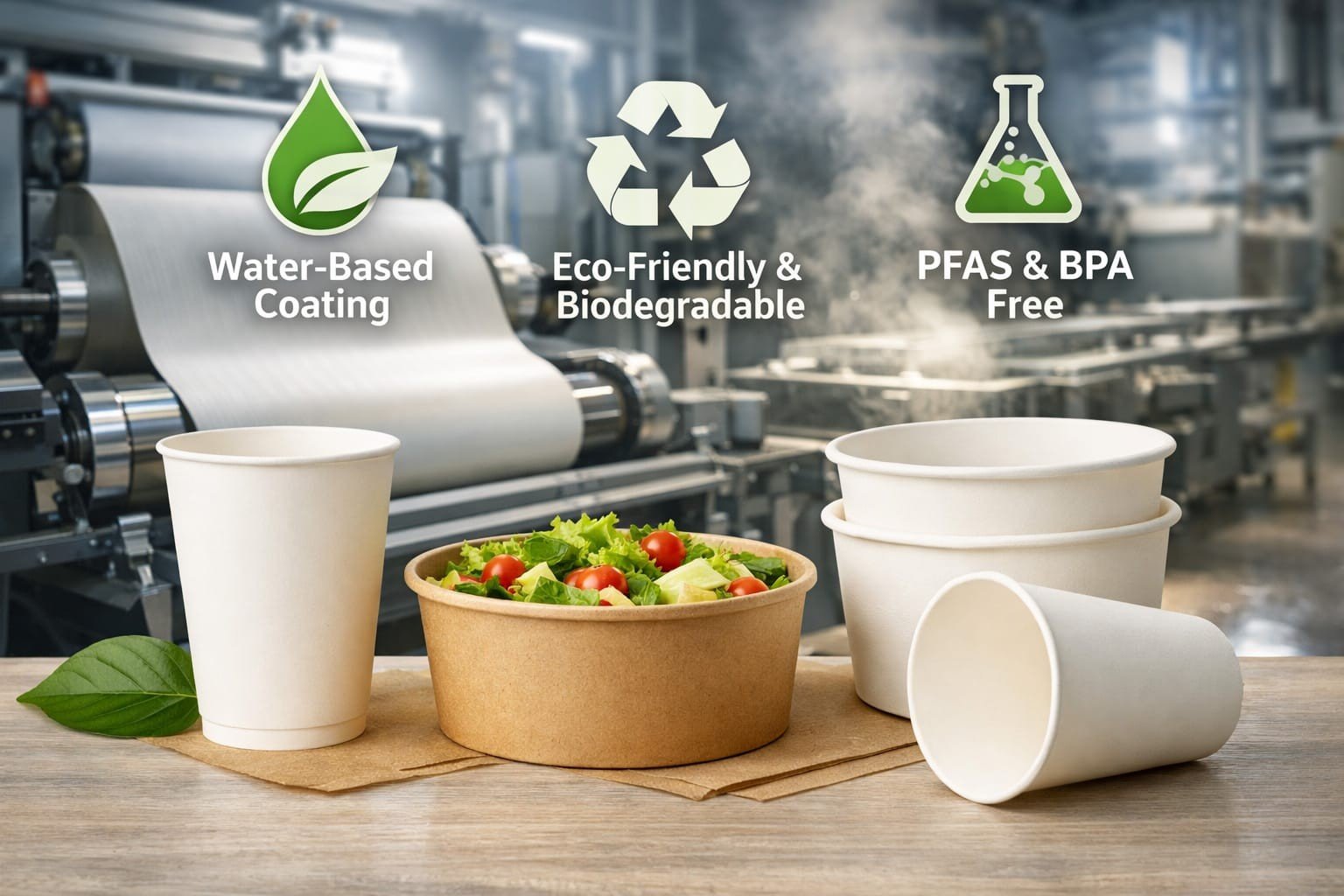 Finishing line where moulded plant-fibre tableware is checked before packing